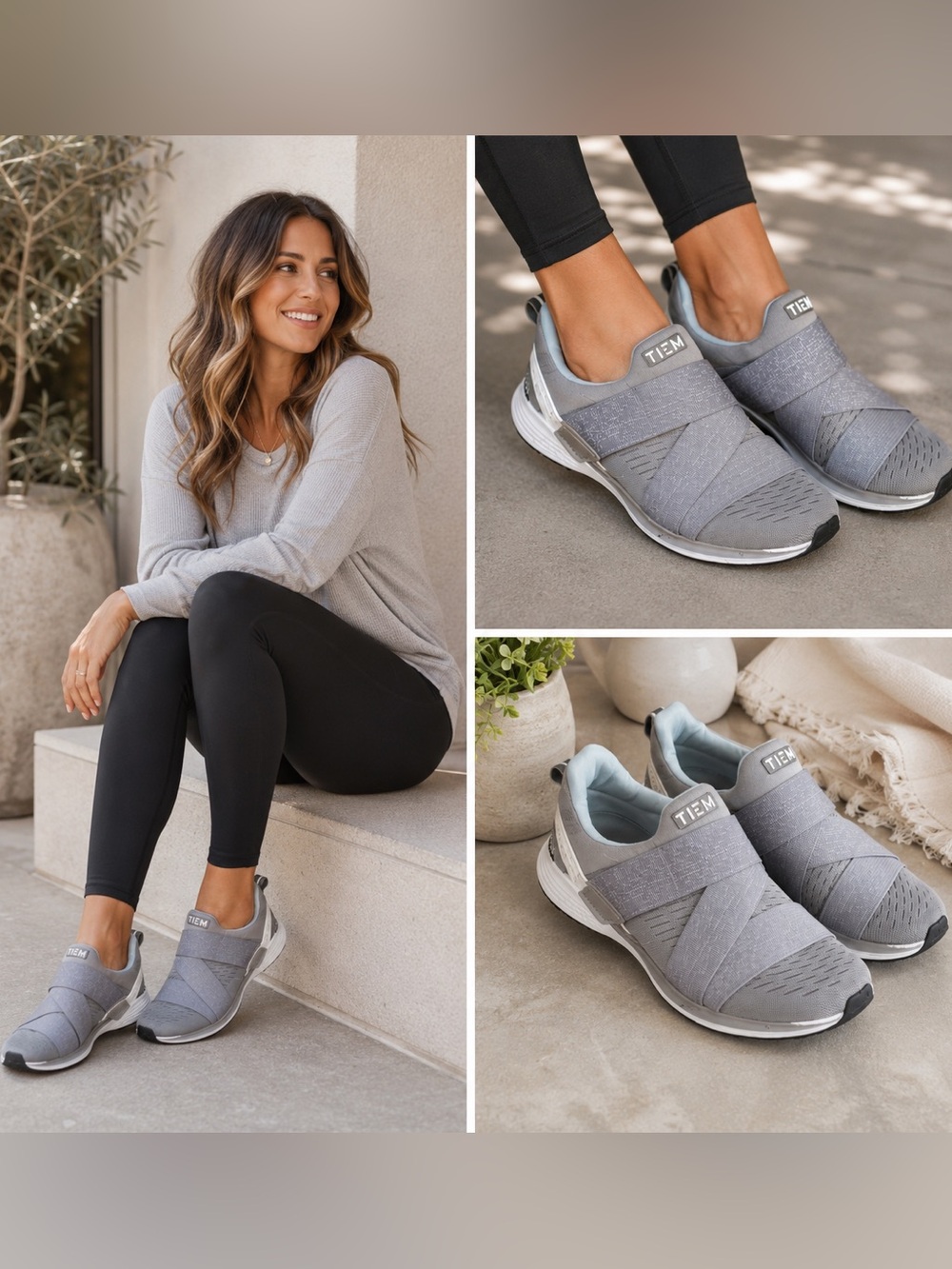 TIEM Slip-On Athletic Sneakers Grey Cross-Strap Trainers Womens 8
